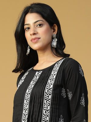 Hand Embroidered Lucknowi Chikankari Black Cotton Pintuck Kurta With Pants Set CH0233