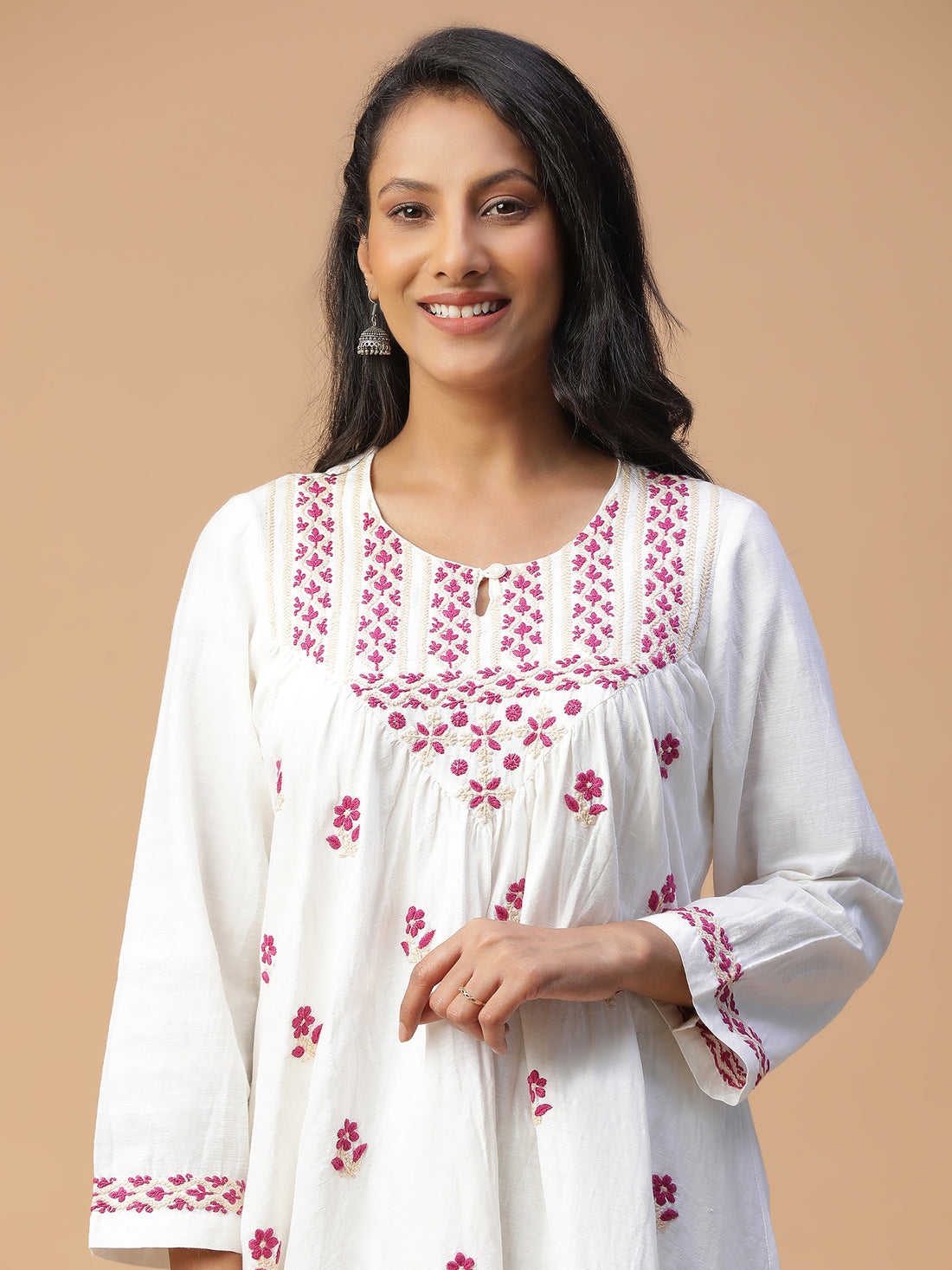 Chikankari cotton linen round neck with loop button V-yoke gather top