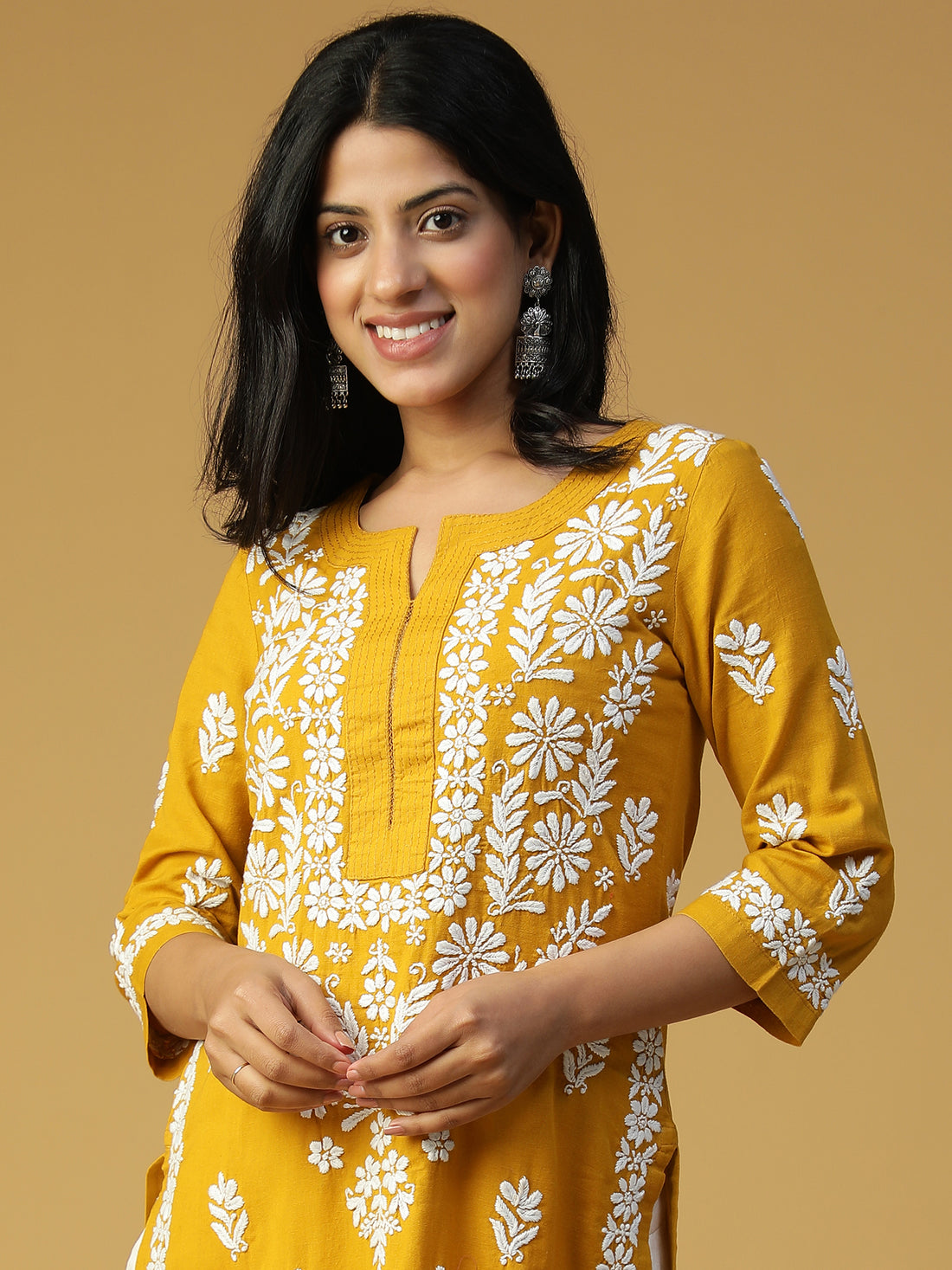 HAND EMBROIDERED MUSTARD COTTON LUCKNOWI CHIKANKARI STRAIGHT KURTA CH0153