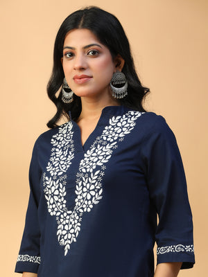 Hand-Embroidered Navy Blue Cotton Lucknow Chikankari Short Top with Mandarin Collar CH0261/Blue/16490125