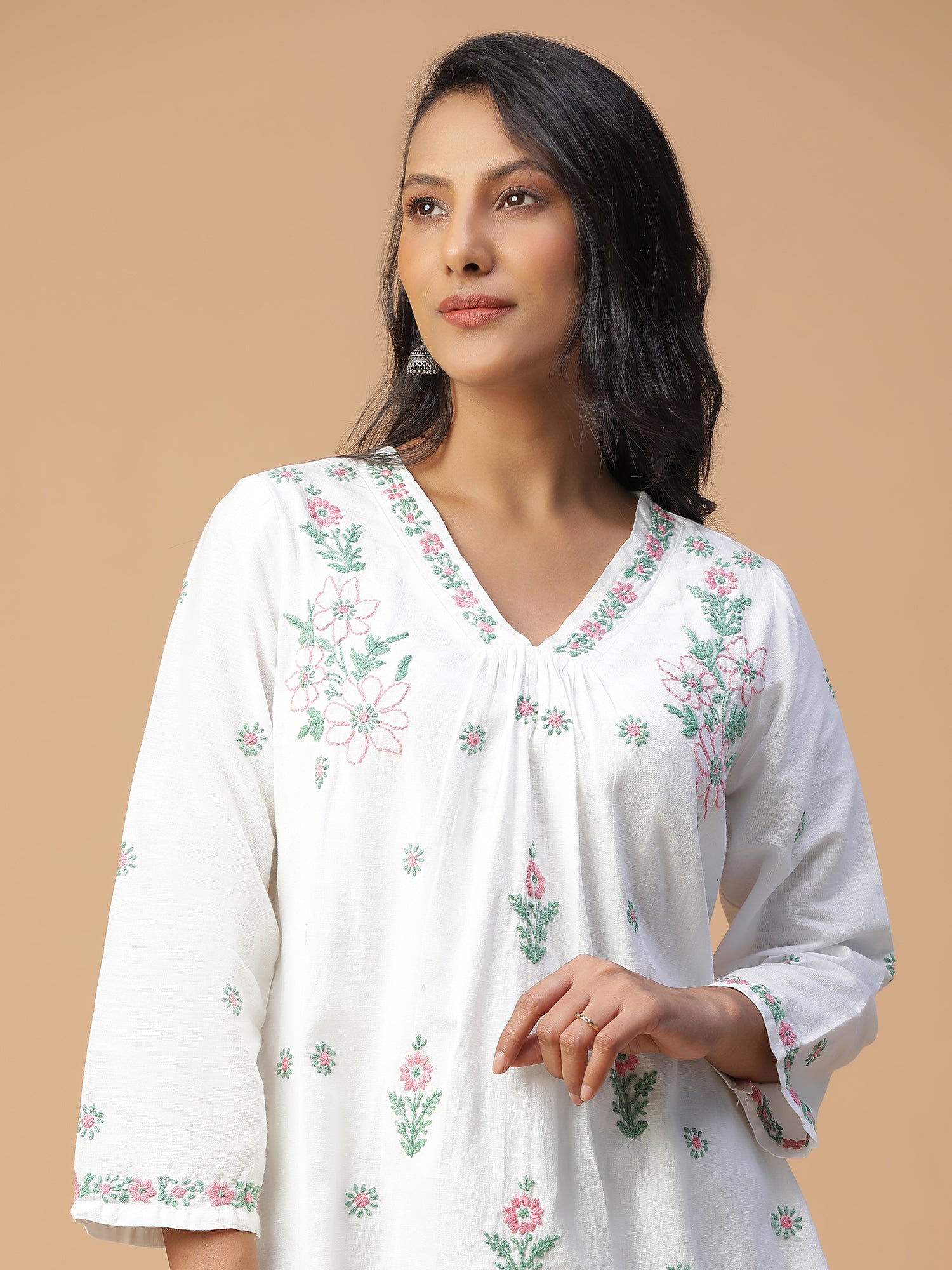 Timeless Elegance Lucknow Chikankari Cotton V-Neck Gathered Top