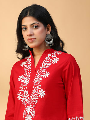 Hand-Embroidered Red Cotton Lucknow Chikankari Short Top with Mandarin Collar CH0261/Red/6460125