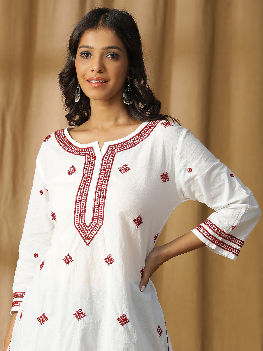 Straight Kurta with Patti Neck Design and Red Chikankari Work