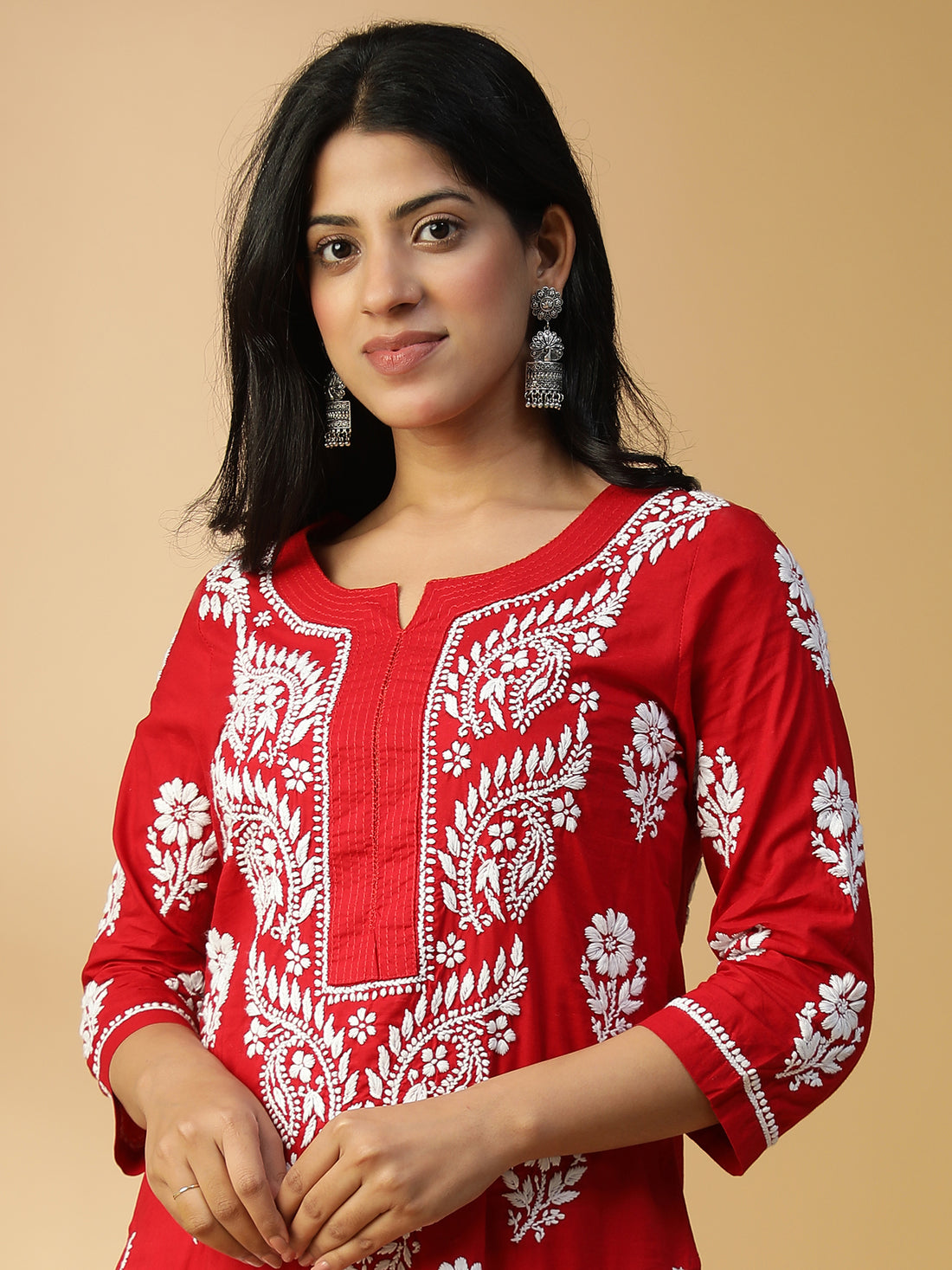 Hand Embroidered Graceful Red Lucknowi Chikankari Cotton Straight Kurta CH0154