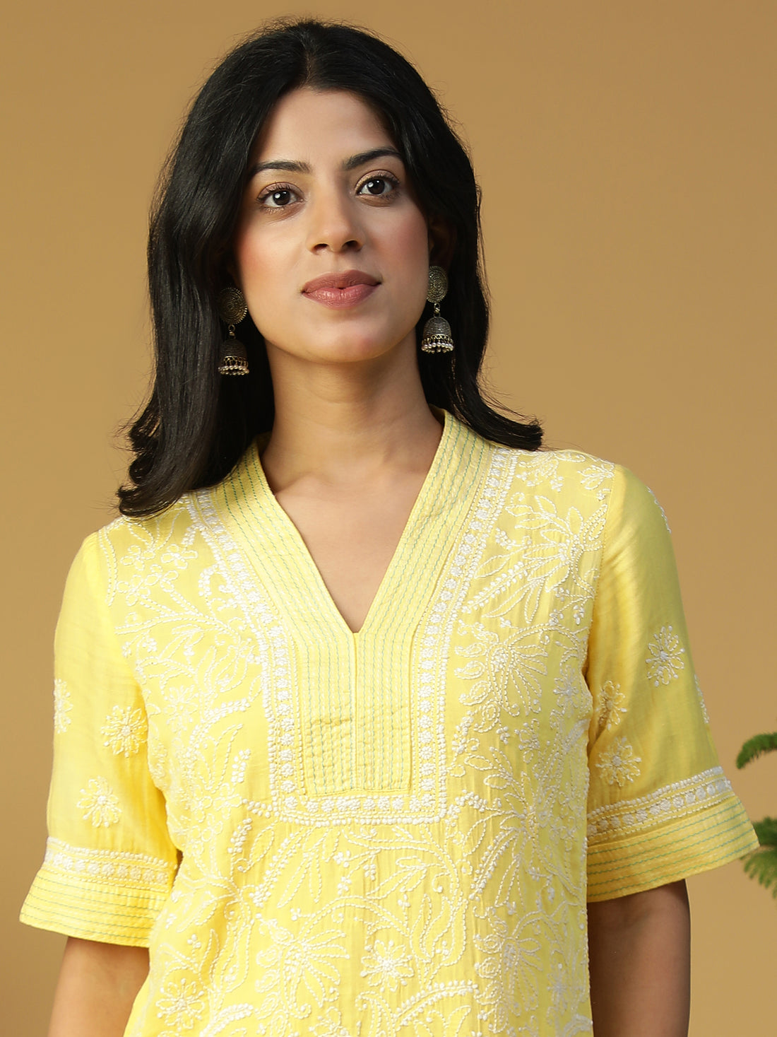 Hand Embroidered Lucknowi Chikankari Yellow Cotton V-Neck Straight Kurta With Elbow Sleeves CH0141B