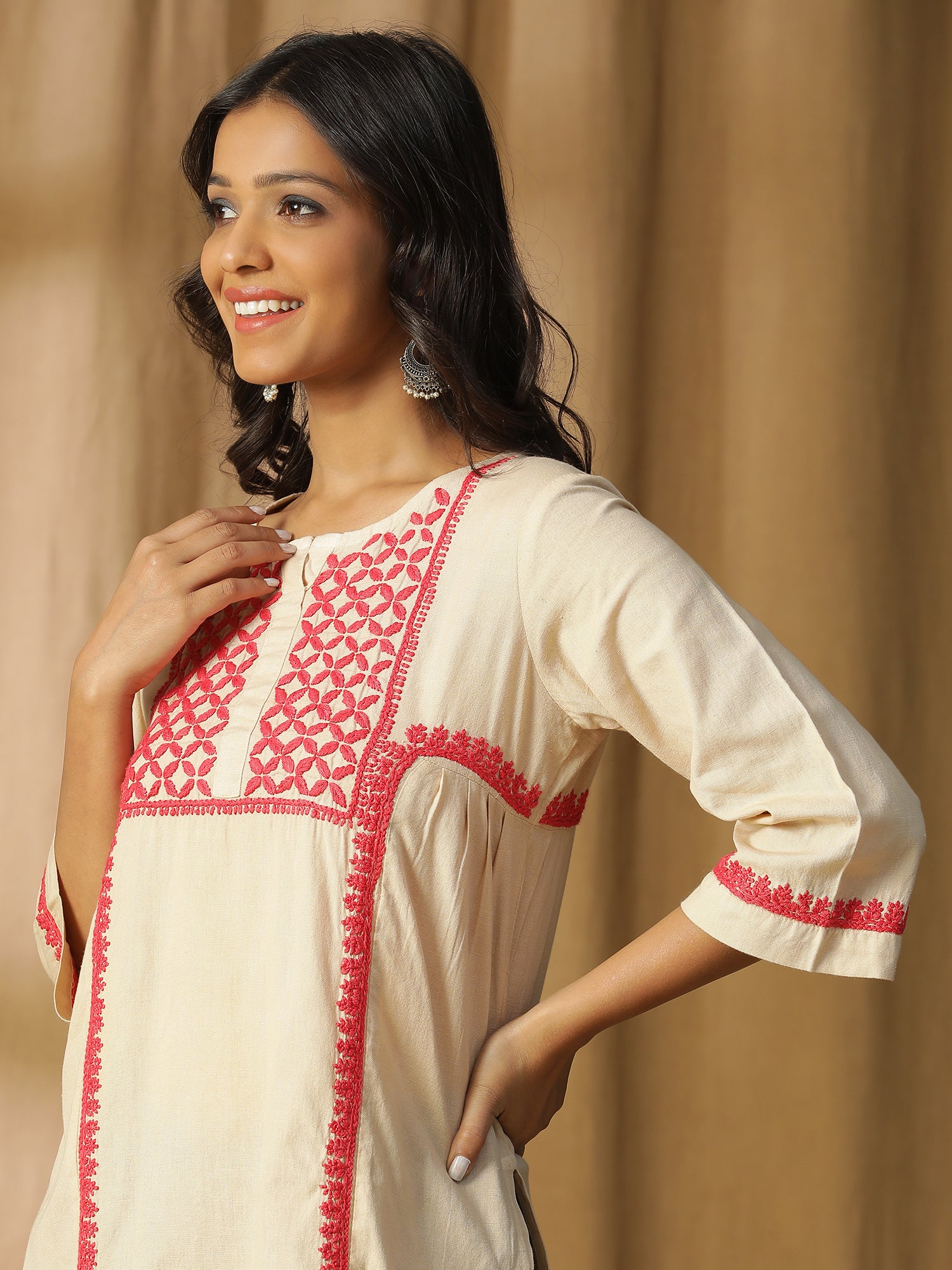 Chikankari Cotton Linen Side Pleats Tunic