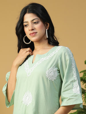 Hand Embroidered Basil Green Cotton Lucknowi Chikankari Yoke Design Kurta With Pants CH0247