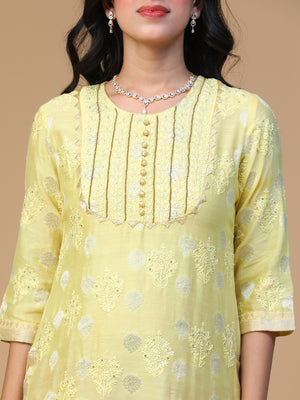 Semal Hand Embroidered Banarsi Chanderi Yoke A-Line Lucknow Chikankari Kurta with Dupatta Set