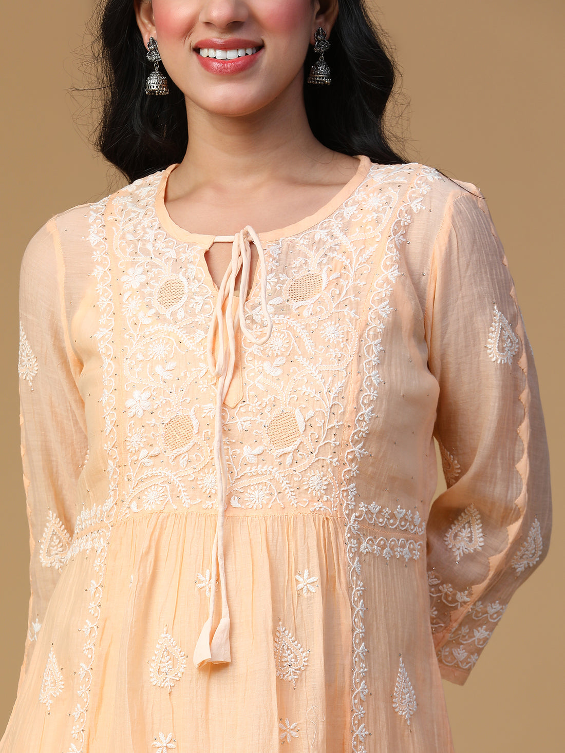 Semal Hand Embroidered Peach Glow Festive Mul Chanderi Chikankari Kurta Set