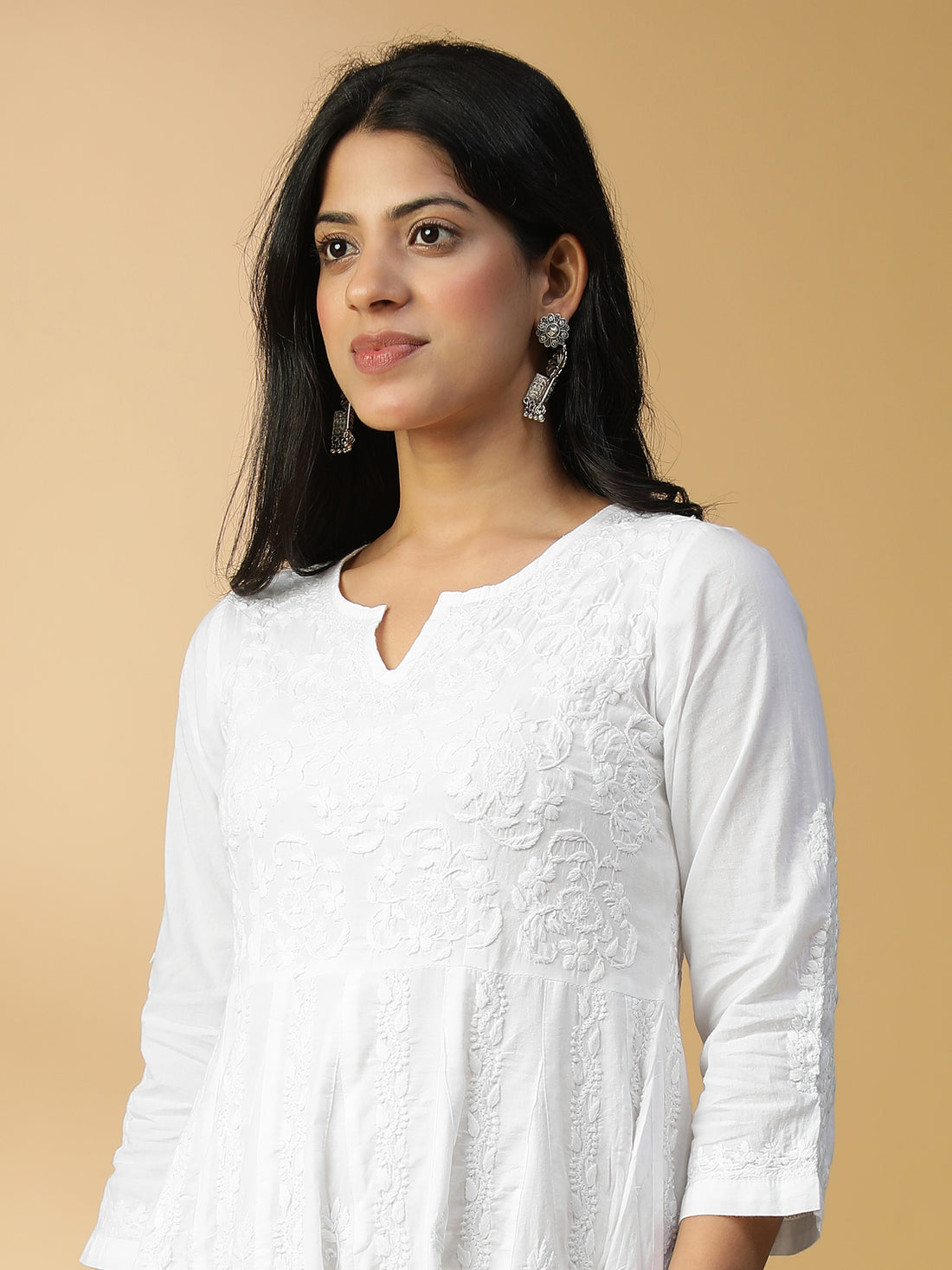 Hand Embroidered Lucknowi Chikankari Cotton Kali White Kurta with Mukaish Work CH0217A