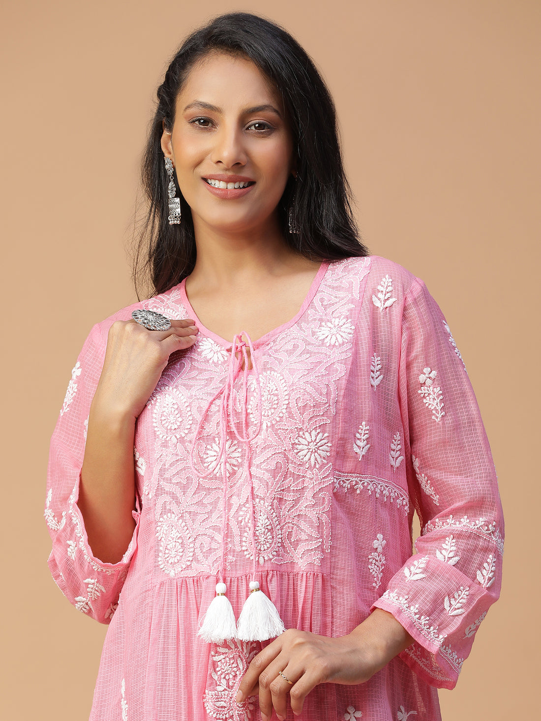 Chikankari Pink Kota Cotton Kurta with Neck Dori Delight