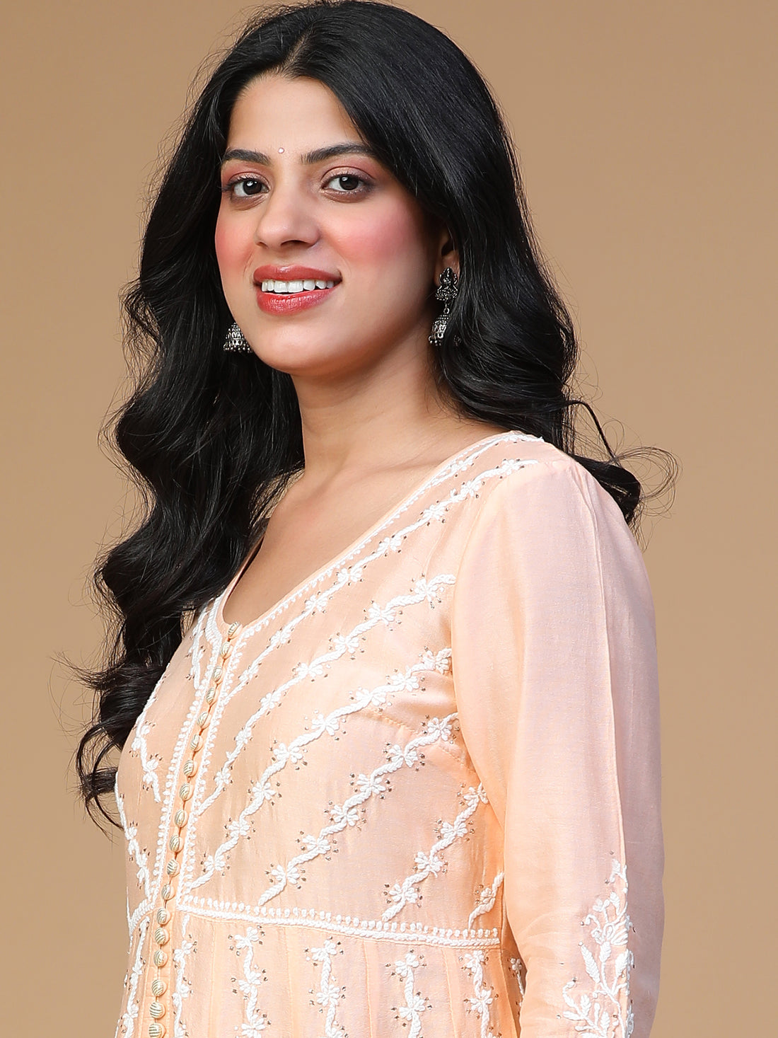 Semal Hand Embroidered Chanderi Silk  Peach Lucknow Chikankari Front Slit Kali Kurta With Mukaish Work