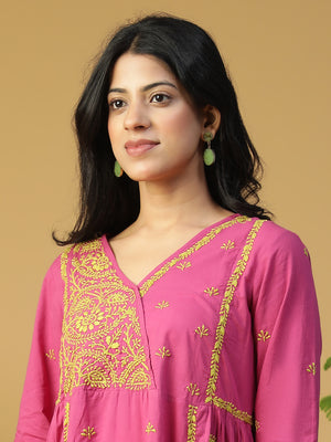 Hand Embroidered Magenta Cotton Lucknowi Chikankari Angrakha Neck Side Gathered Kurta With Pants CH0232