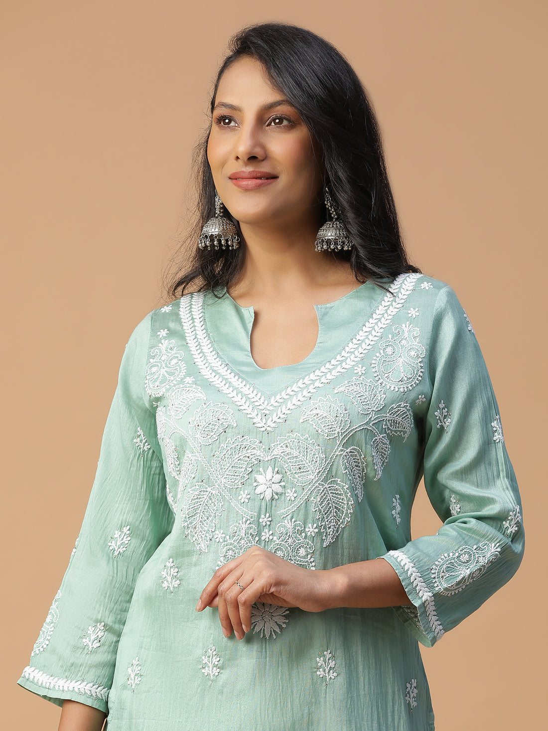 Semal Hand Embroidered Green Chanderi Lucknowi Chikankari Straight Kurta CH0016