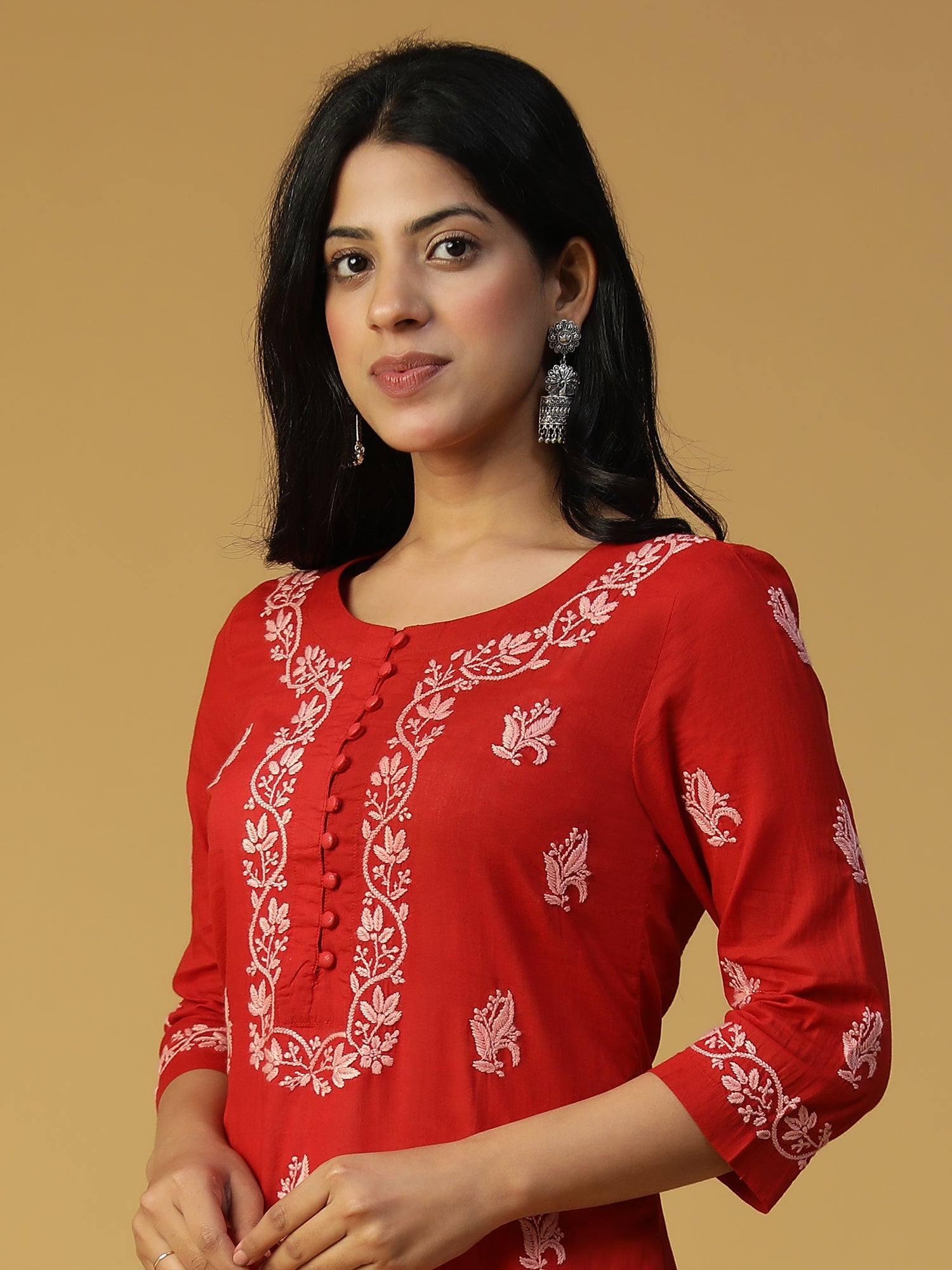 Hand Embroidered Lucknowi Chikankari Cotton Red Straight Kurta CH0002B