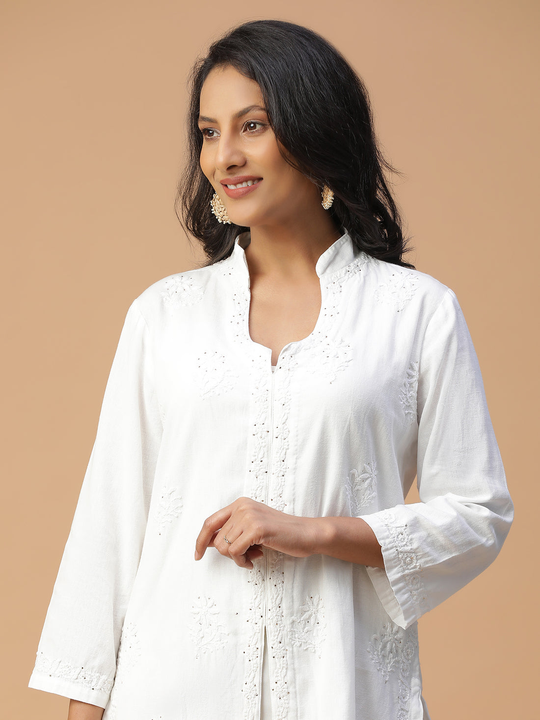 Chikankari cotton linen long shirt kurta with mukaish work