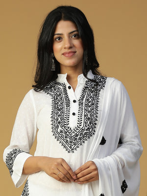 Hand Embroidered Cotton Dobby Lucknow Chikan Black & White Kurta Set CH0215