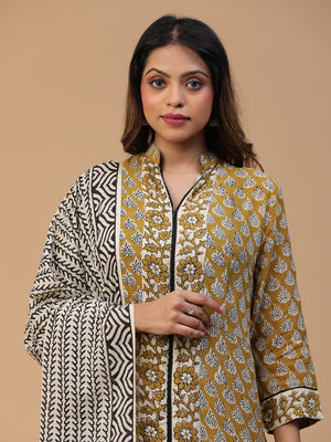 Hand Block Printed Olive Green Straight Front Slit Kurta With Pants and Dupatta Set Blk_009