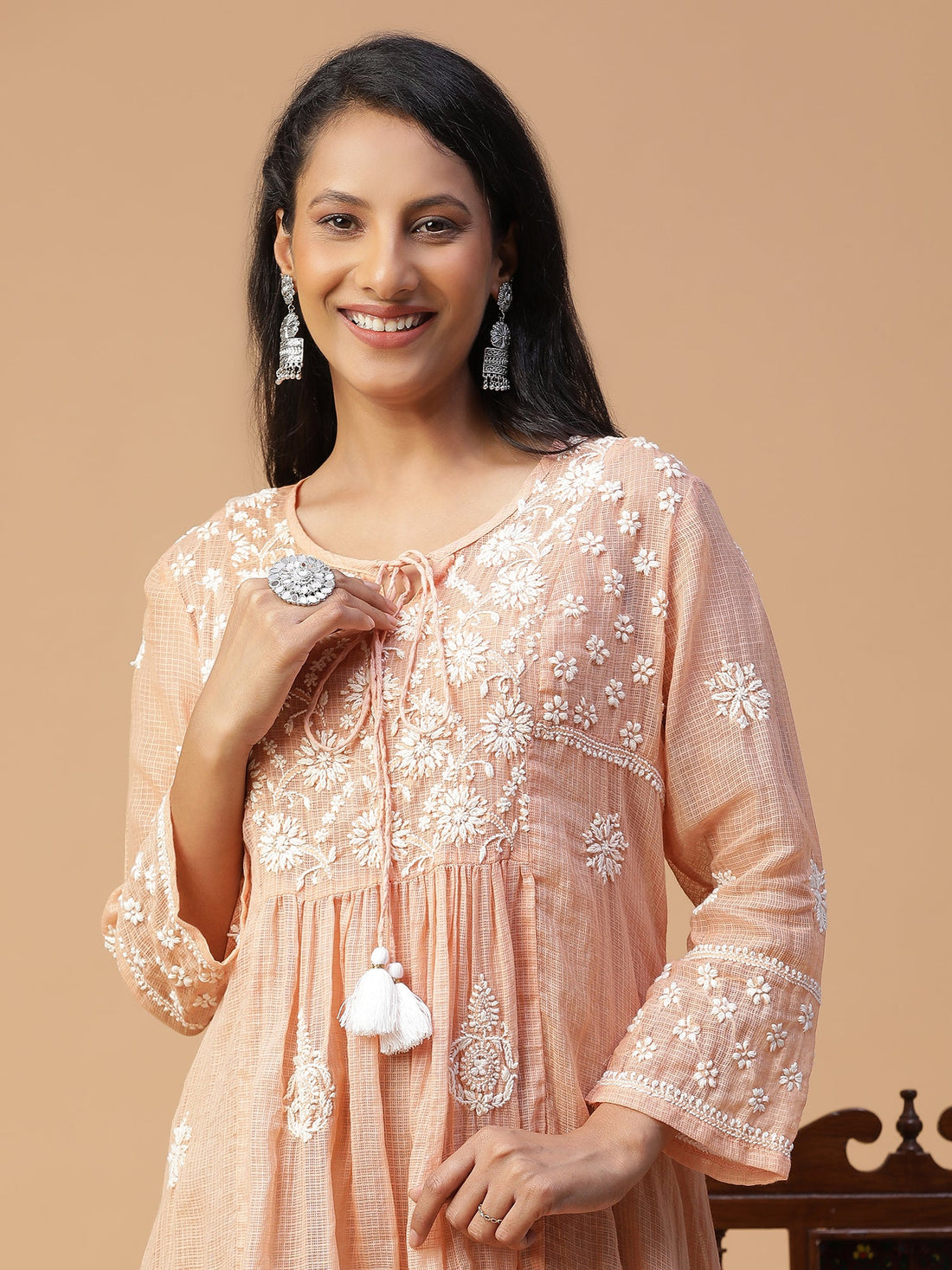 Chikankari Peach Kota Cotton Kurta with Neck Dori Delight