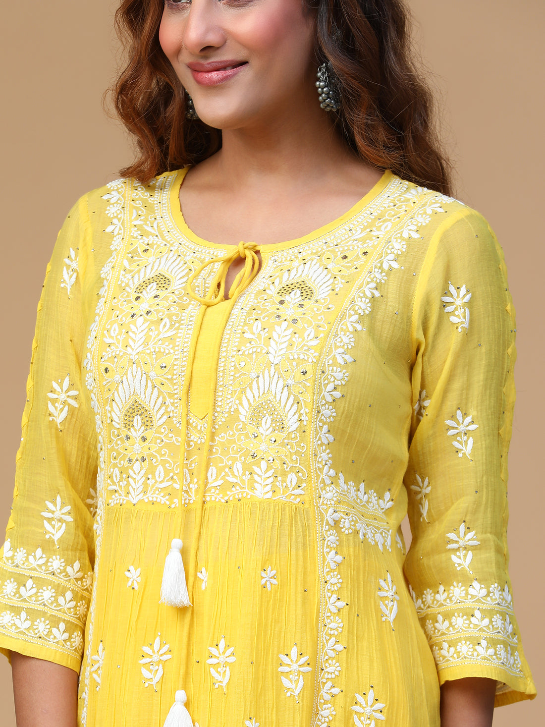 Semal Hand Embroidered Golden Glow Festive Mul Chanderi Lucknowi Chikankari Kurta With Pants Set CH0198A