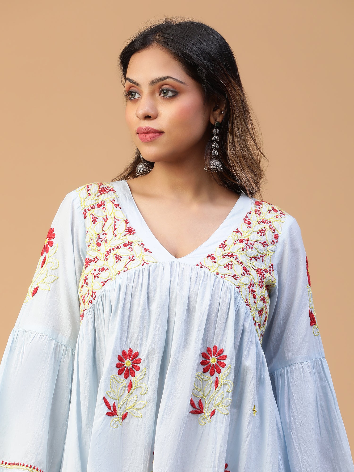 Chikankari Handloom Mulmul Cotton V-Neck Gathered Flared Top