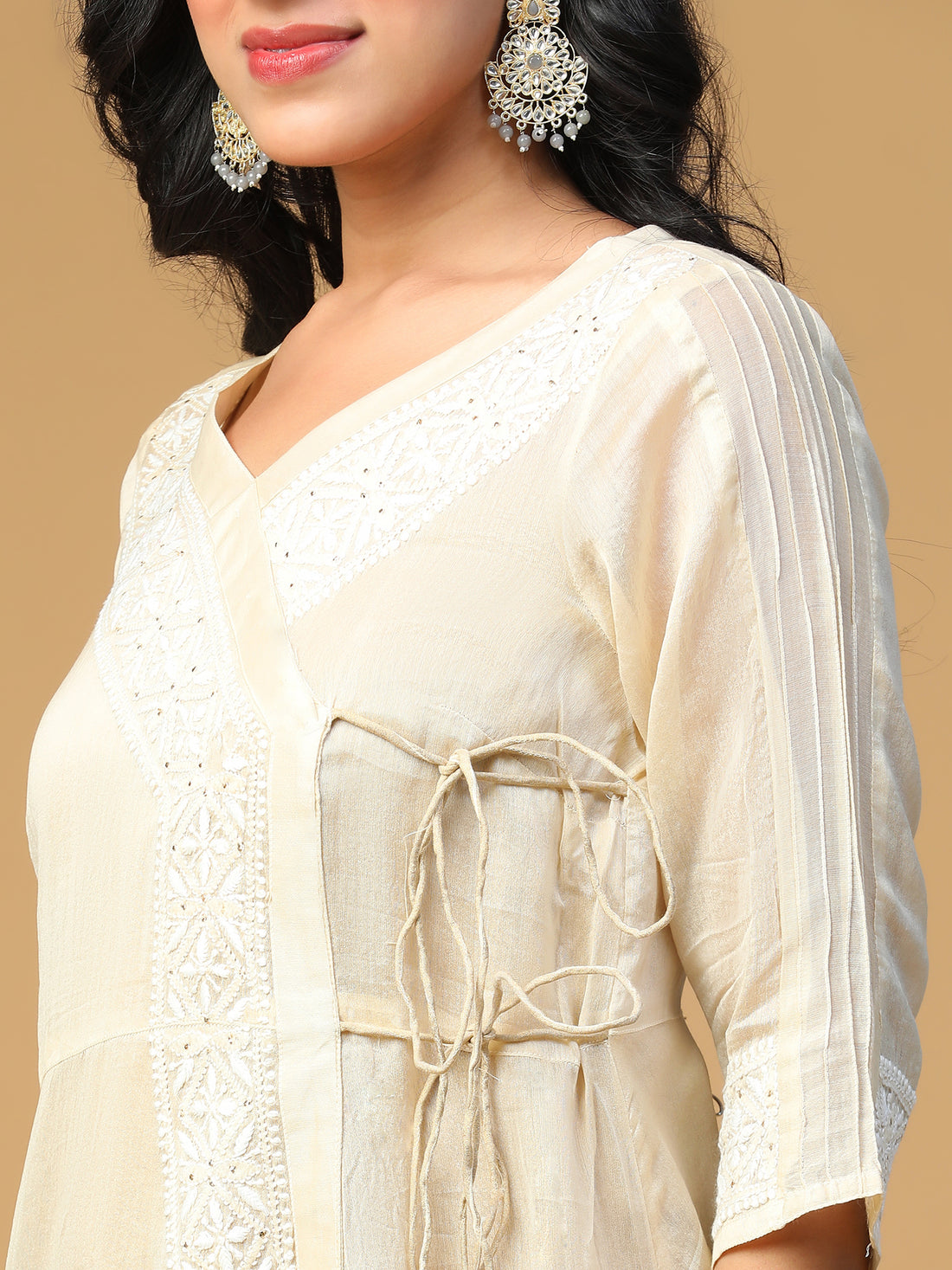 Semal Hand Embroidered Chanderi Charm Light Beige Angrakha Lucknow Chikankari Kurta Set