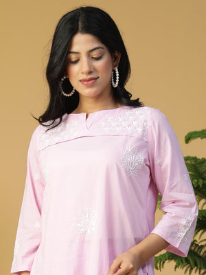 Hand Embroidered Levender Cotton Lucknowi Chikankari Yoke Design Kurta With Pants CH0245