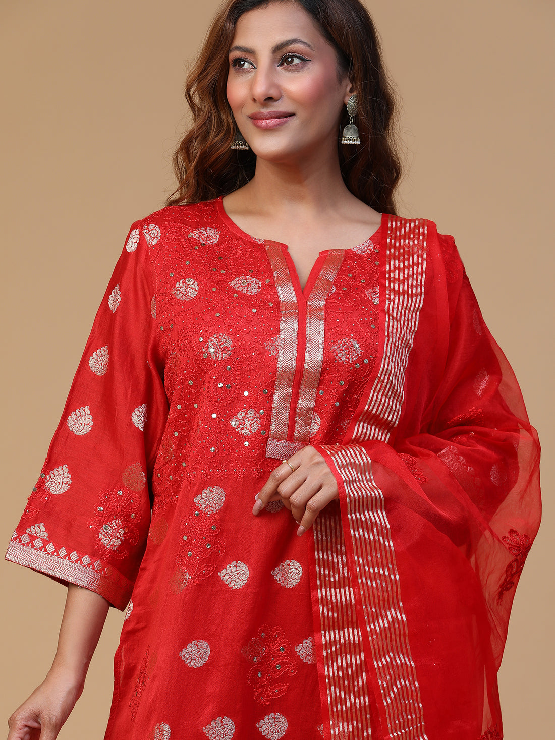 SEMAL HAND EMBROIDERED BANARSI CHANDERI RED COLOUR STRAIGHT KURTA SET