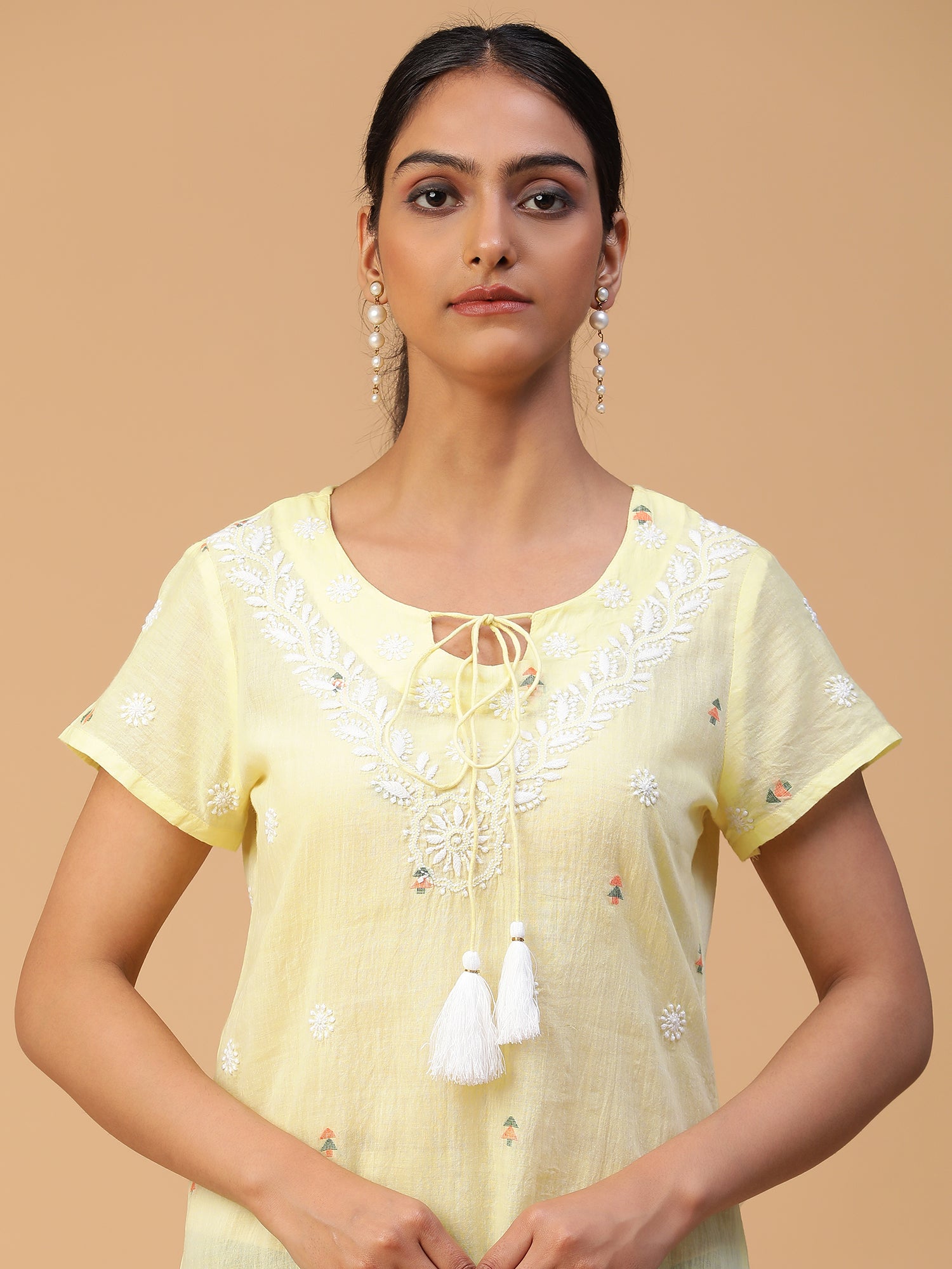 Yellow Bliss Lucknowi Chikankari Handloom Jamdani Top