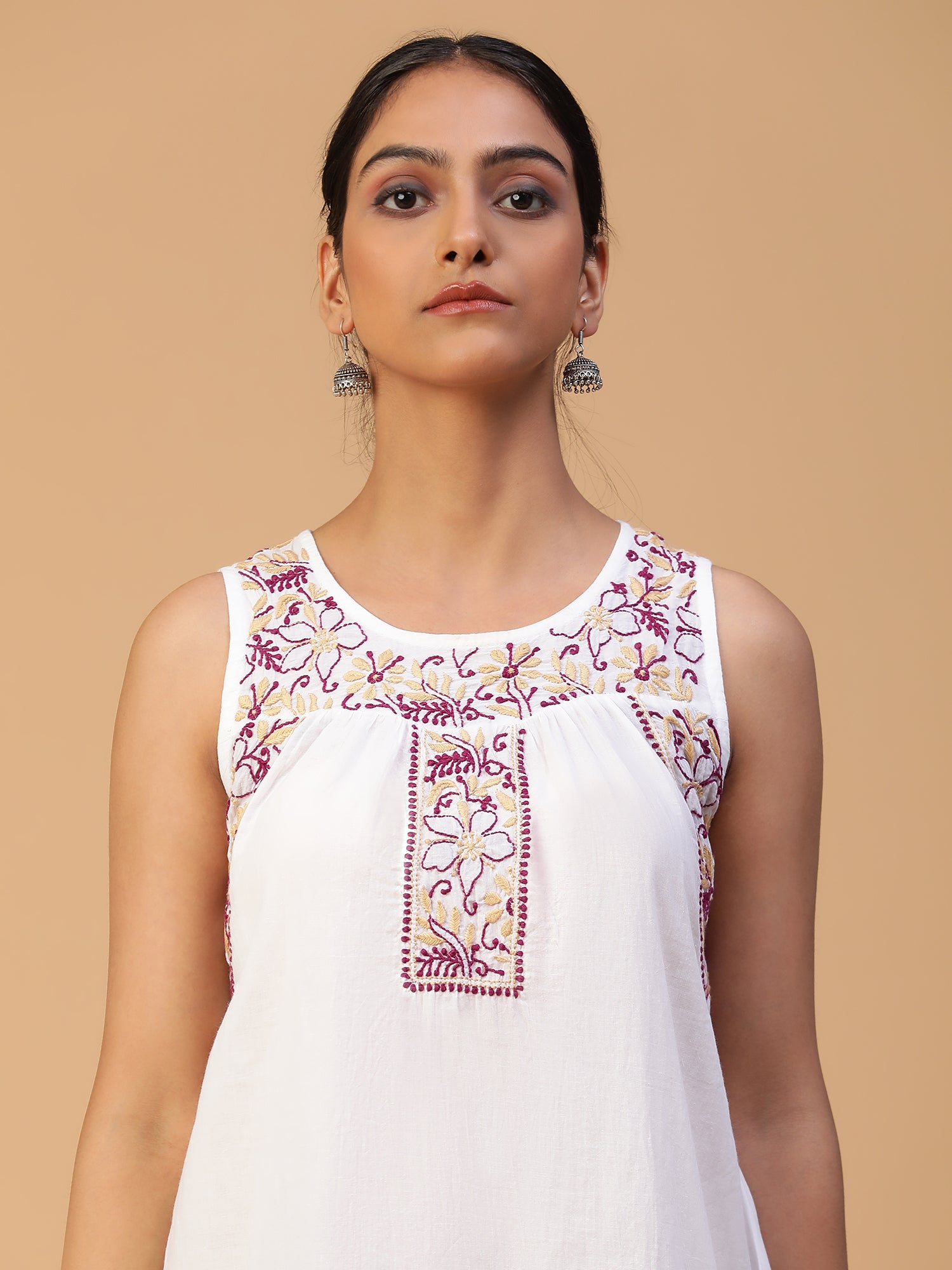 Effortless Chic: Chikankari Handloom Mulmul Cotton Sleeveless Top with Yoke Gather