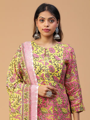 Hand Block Printed Pink A-line Yoke Kurta With Pants and Dupatta Set Blk_004