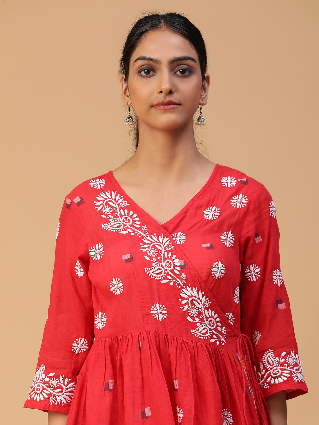 Red Radiance: Chikankari Handloom Jamdani Top