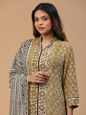 Hand Block Printed Olive Green Straight Front Slit Kurta With Pants and Dupatta Set Blk_009