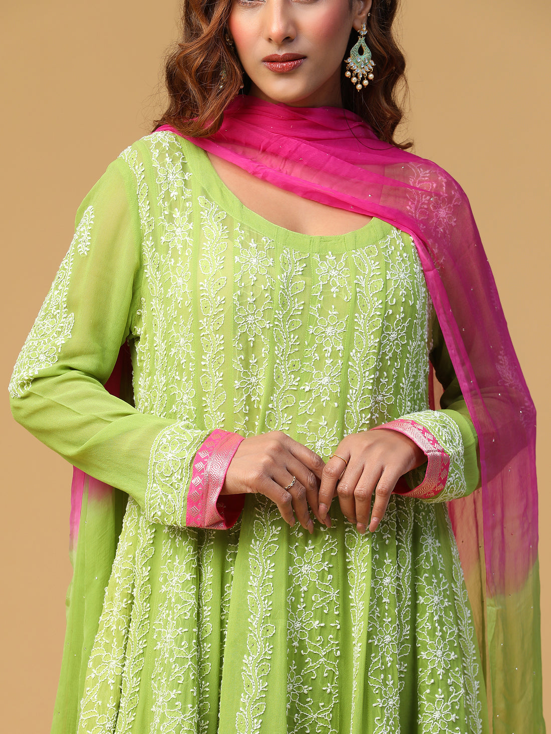 Semal Hand Embroidered Georgette Parrot Green Anarkali Chikankari Kurta with Dupatta Set