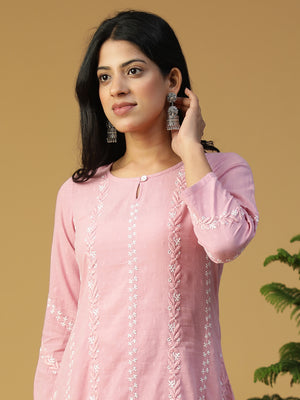 Hand Embroidered Cotton Dobby Lucknowi Chikankari Muted Pink Kurta Set CH0224