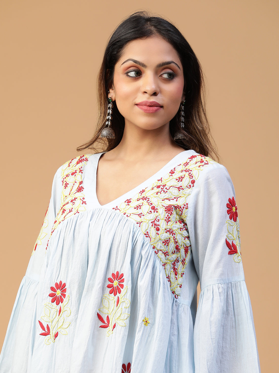 Chikankari Handloom Mulmul Cotton V-Neck Gathered Flared Top