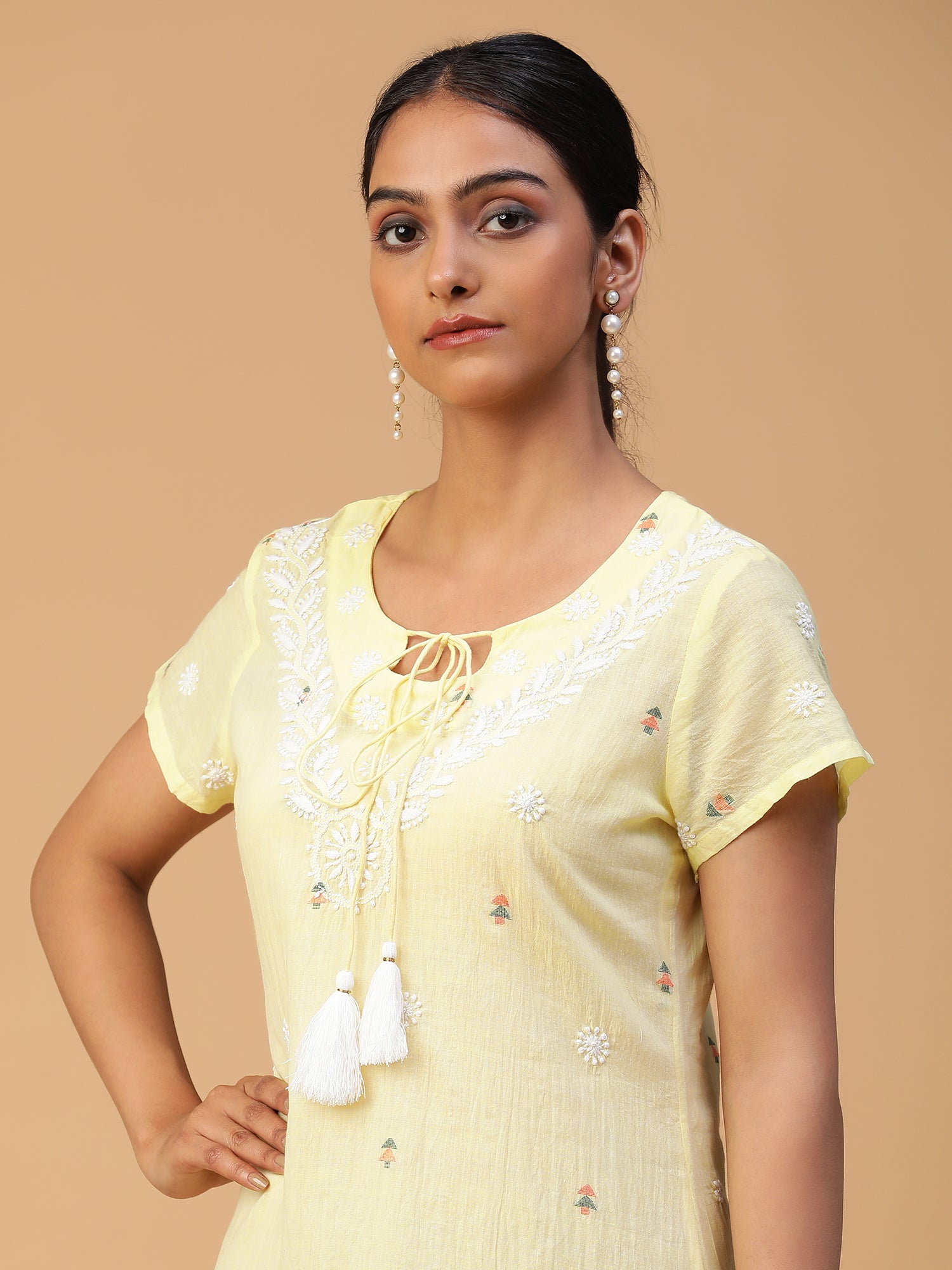 Yellow Bliss Lucknowi Chikankari Handloom Jamdani Top