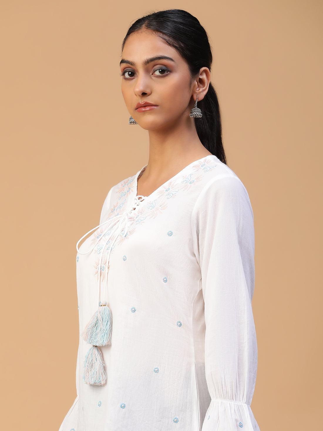 Chikankari Handloom Mulmul Cotton Top with Neck Dori Detailing