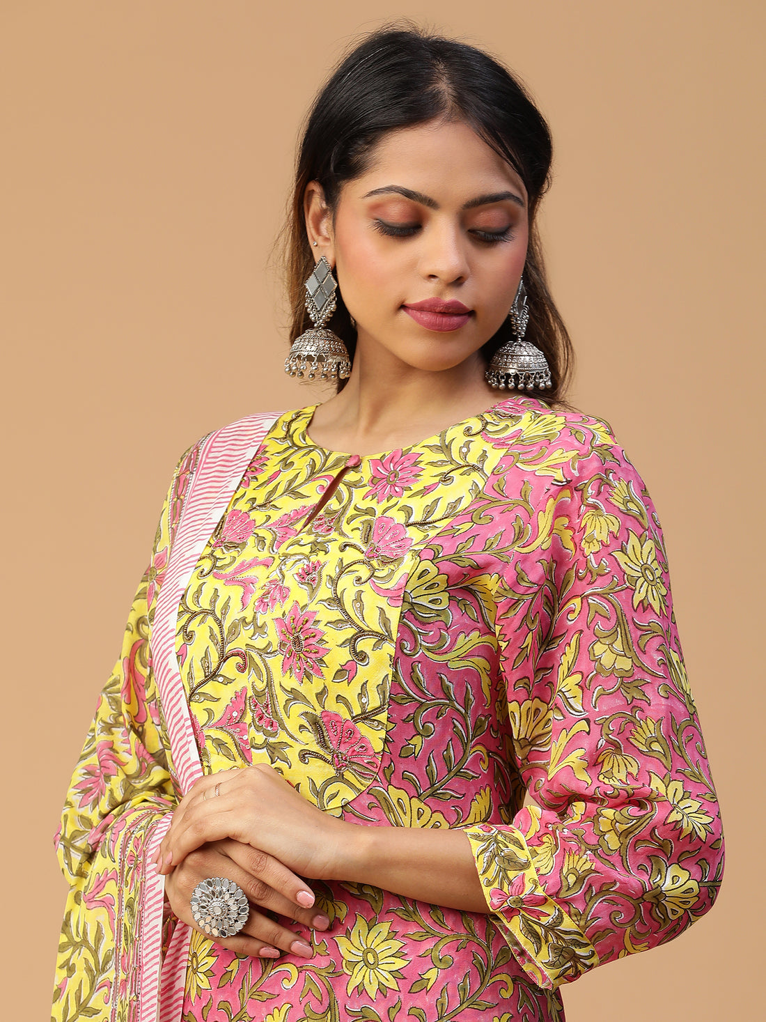 Hand Block Printed Pink A-line Yoke Kurta With Pants and Dupatta Set Blk_004