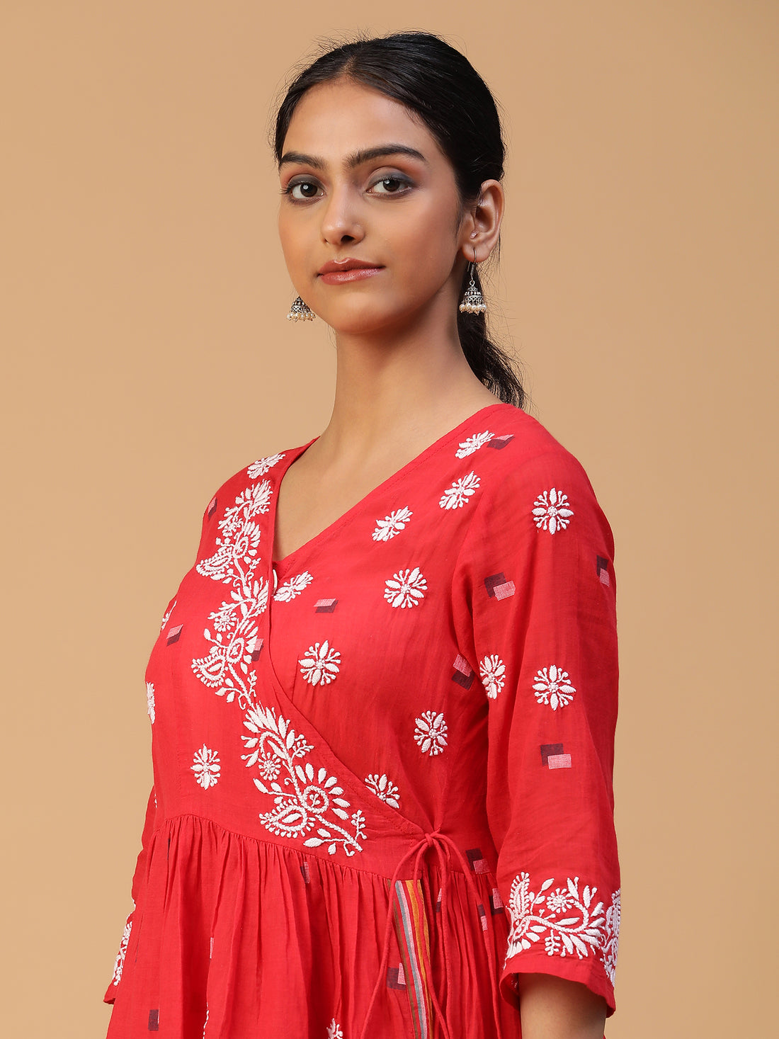 Red Radiance: Chikankari Handloom Jamdani Top