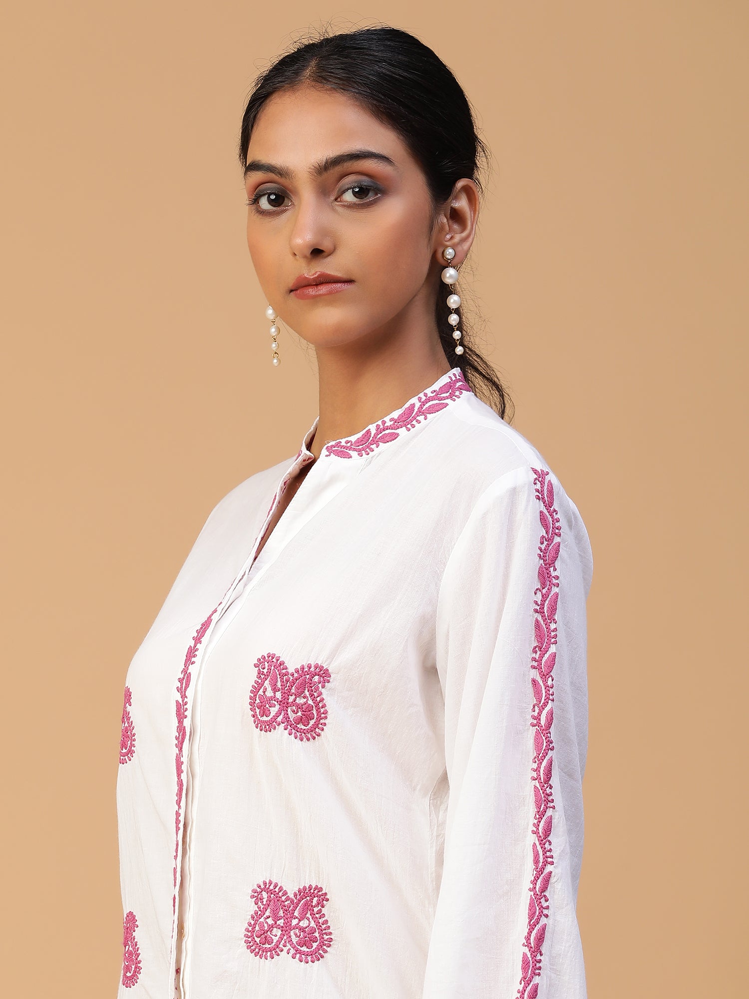 Chikankari Handloom Mulmul Cotton Shirt with Cuff Sleeves