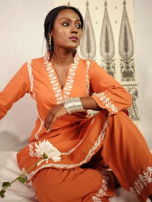 Hand Embroidered Lucknowi Chikankari Cotton Rust Orange Round Hem Kurta With Pants Set CH0246