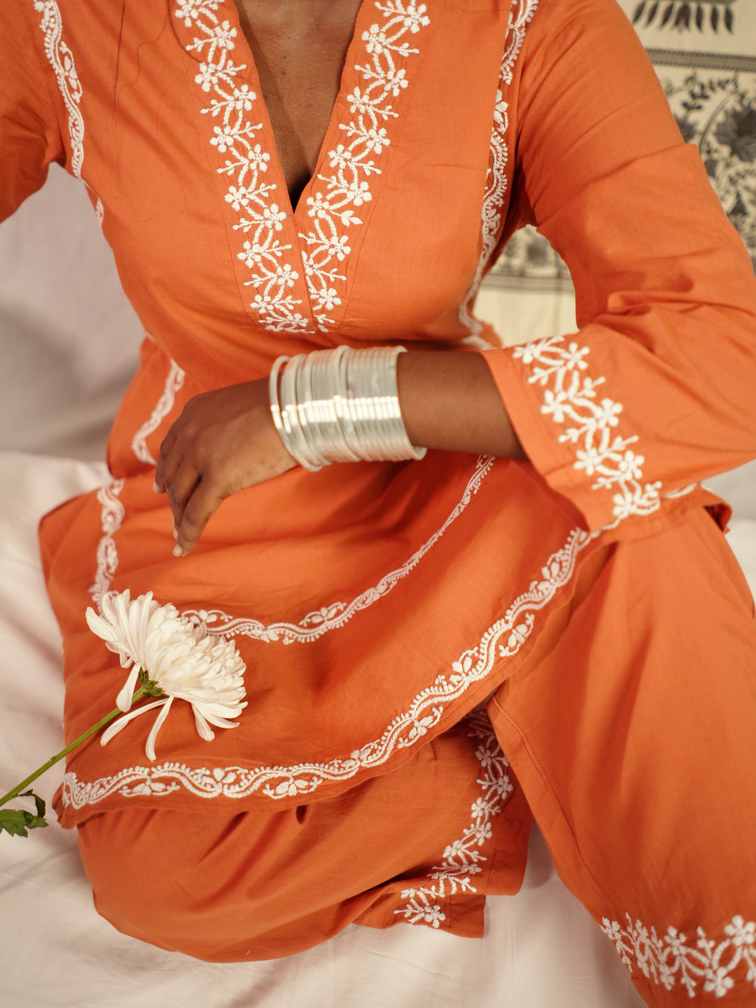 Hand Embroidered Lucknowi Chikankari Cotton Rust Orange Round Hem Kurta With Pants Set CH0246