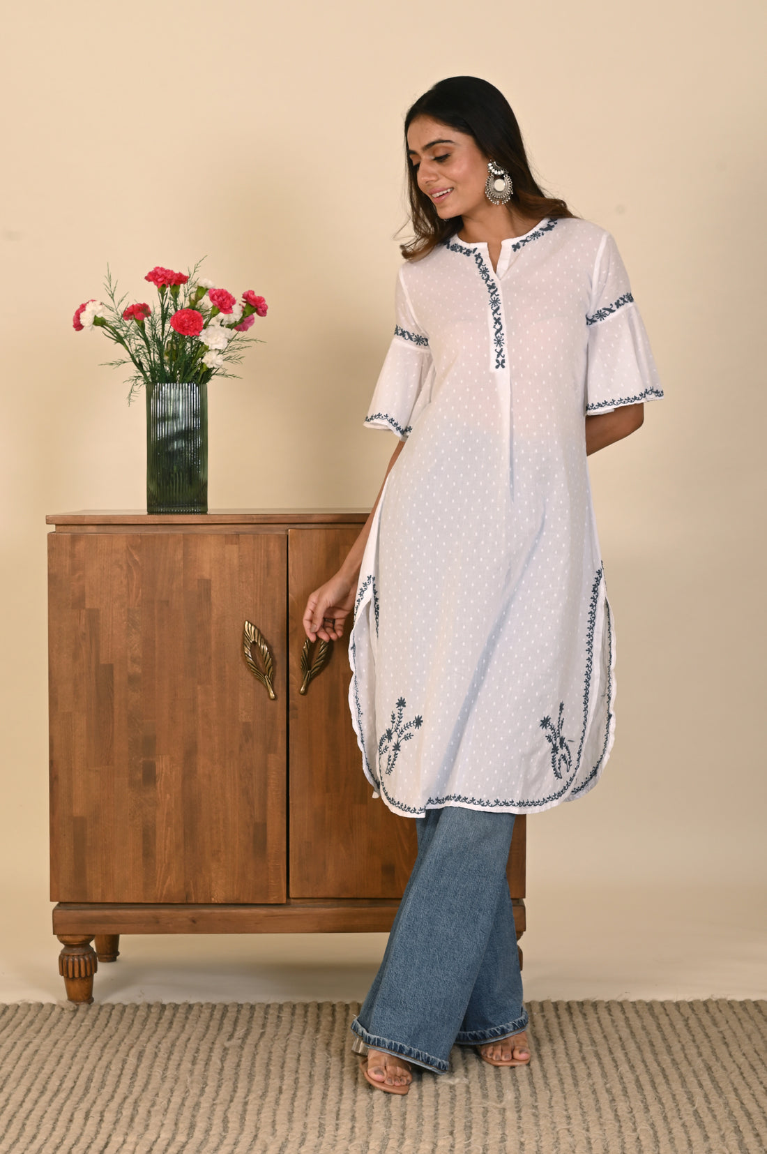 Semal Cotton Dobby Lucknow Chikankari White Kurti with Round Hem