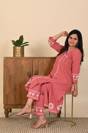 Semal Classic Cotton Angrakha Lucknow Chikan Dusty Pink Kurta Set