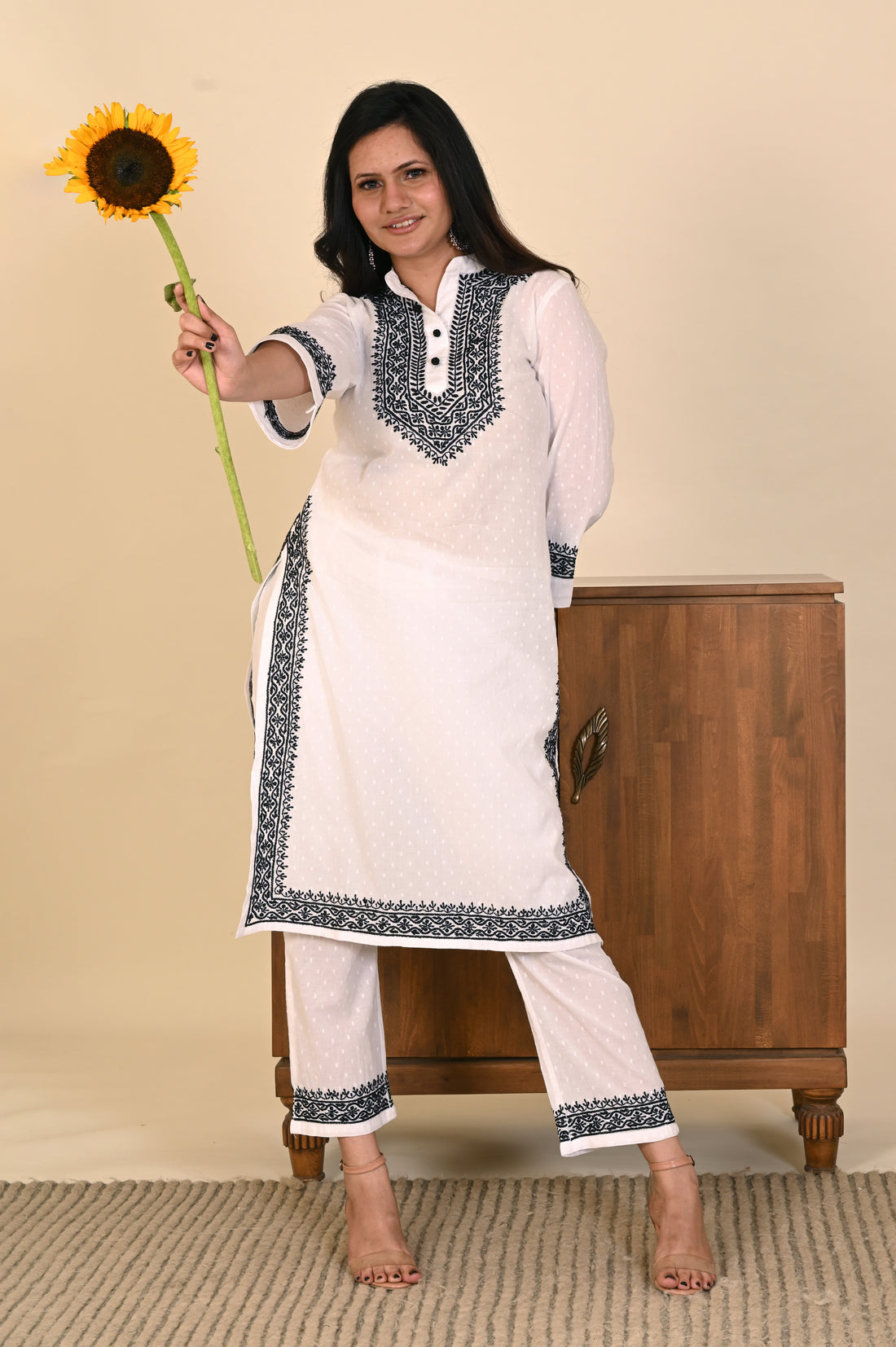 Semal Cotton Dobby Lucknow Chikan Black & White Kurta Set