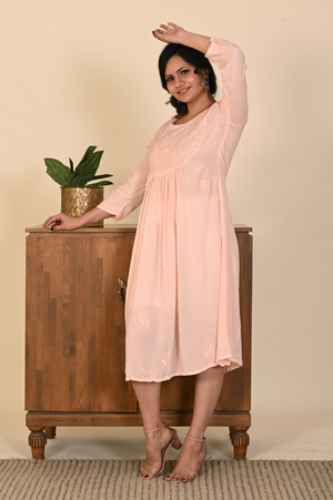 Semal Peachy Bliss Serene Muslin Dress with Chikankari Embroidery