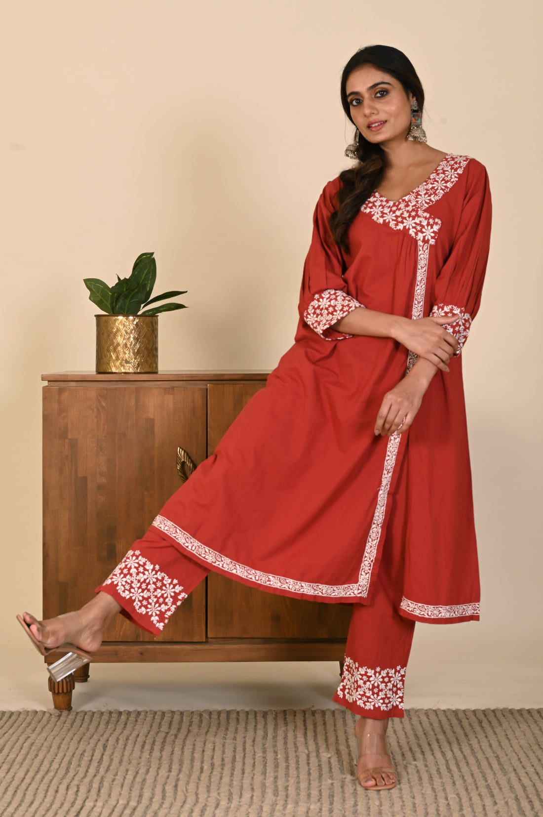 Semal Classic Cotton Angrakha style Lucknow Chikan Rust Red Kurta Set