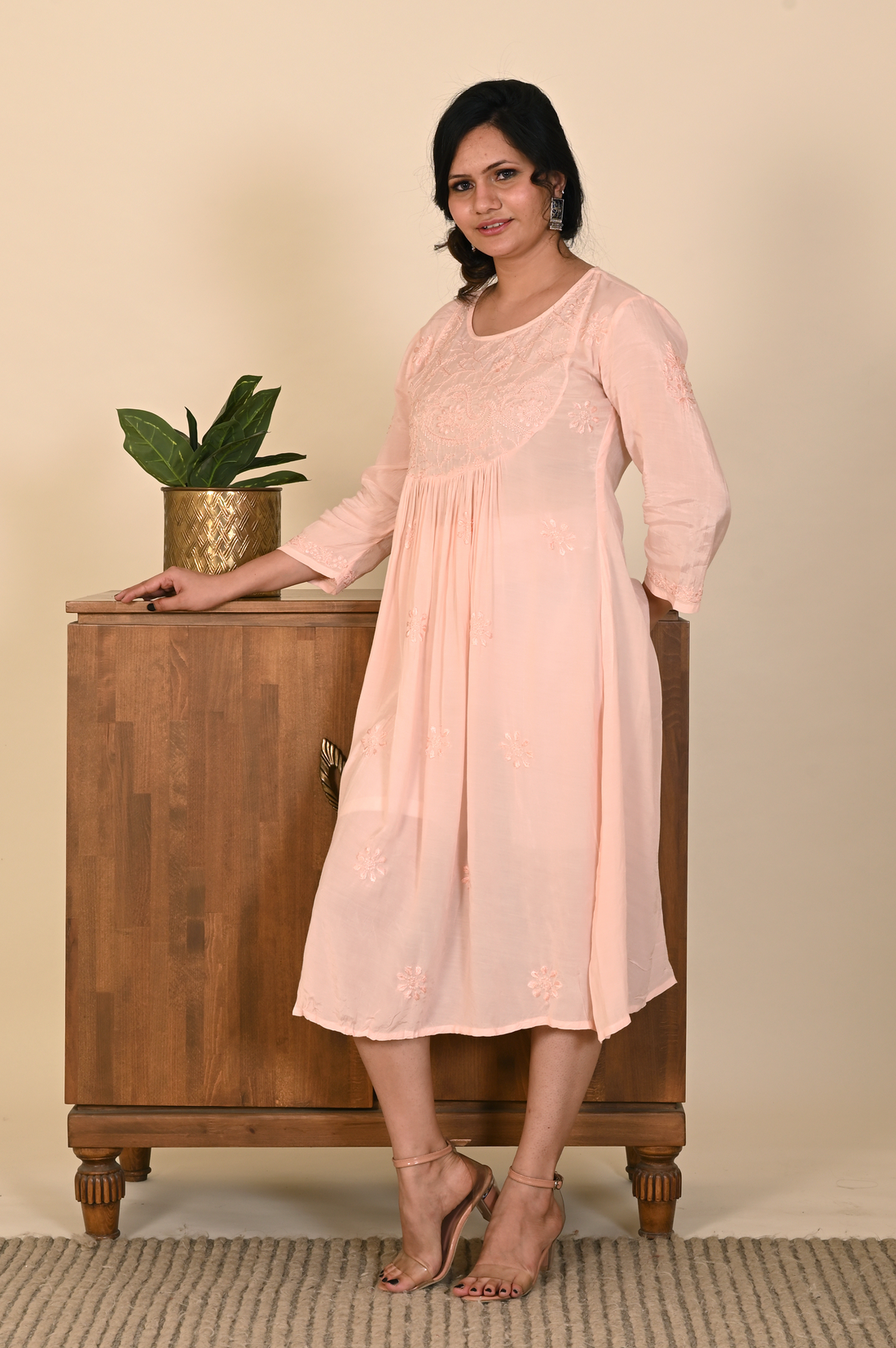 Semal Peachy Bliss Serene Muslin Dress with Chikankari Embroidery