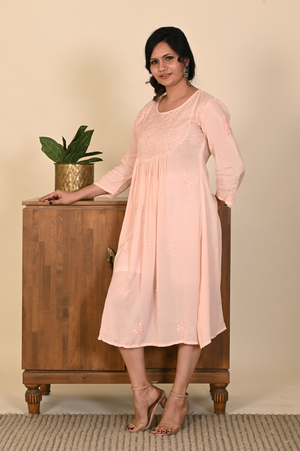 Semal Peachy Bliss Serene Muslin Dress with Chikankari Embroidery